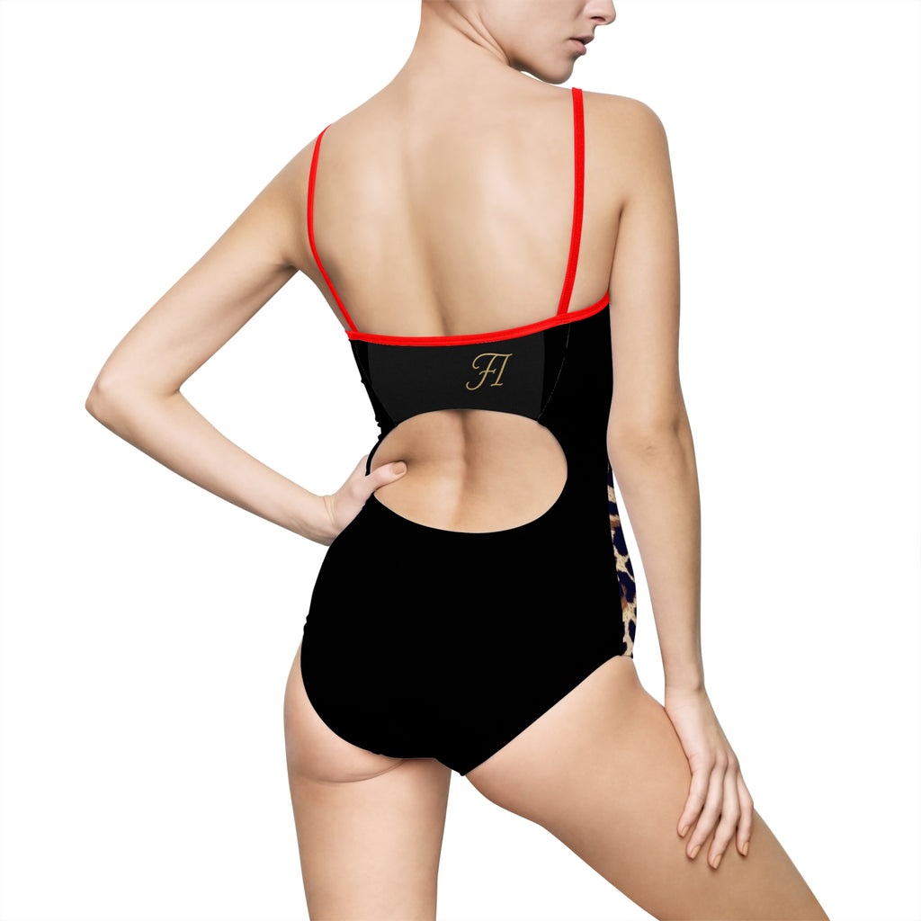 Ferrari Leopard Print One-Piece Swimsuit — Back Keyhole Cutout with Monogram Accent