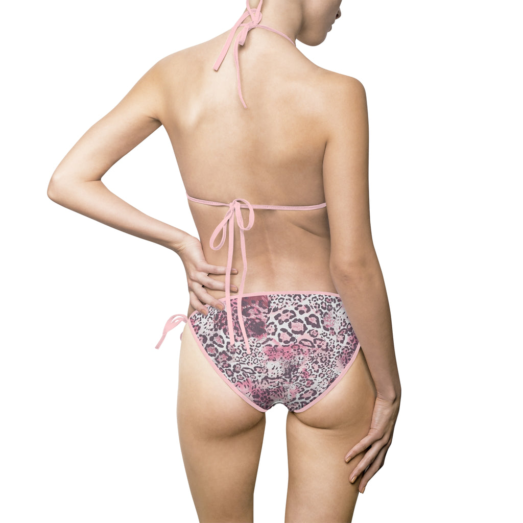 Pink Leopard Bikini — Women's Tie-Side Triangle Swimsuit with Monogram Accent