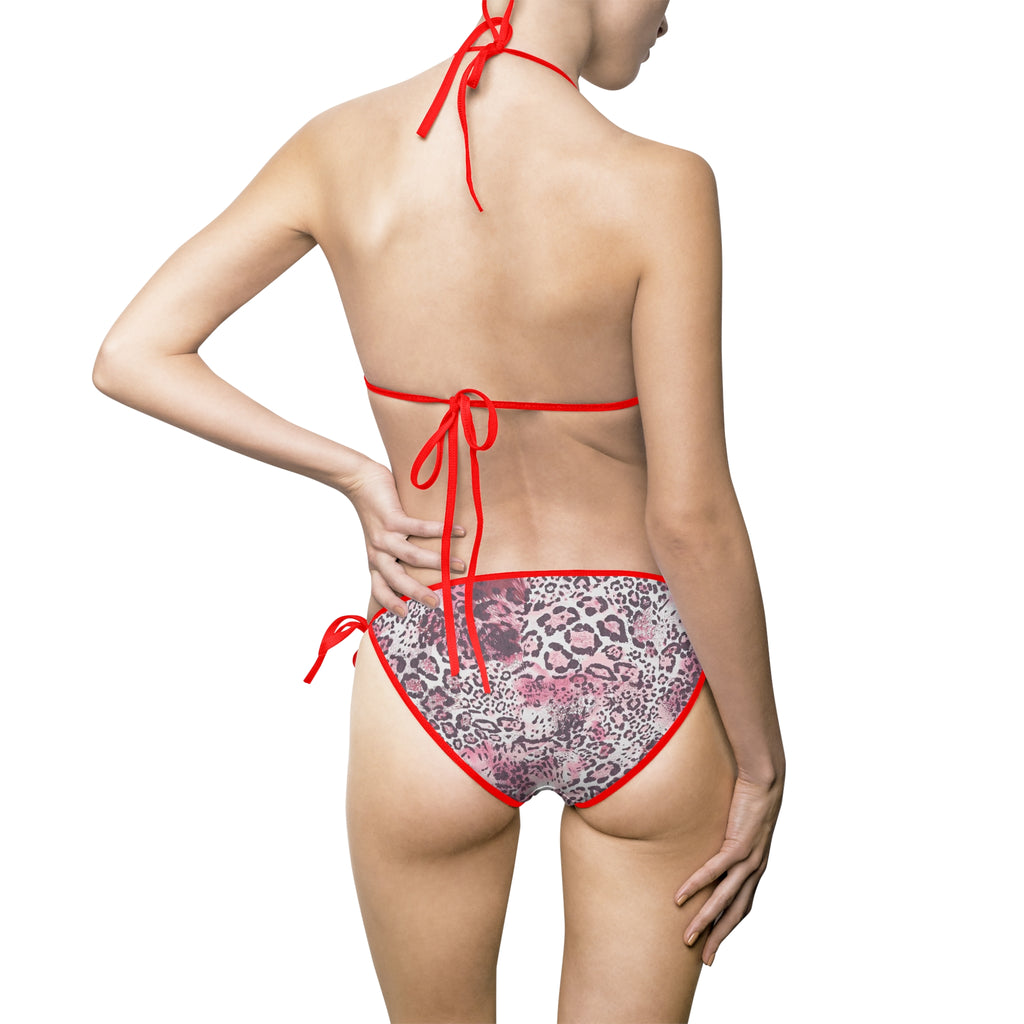 Pink Leopard Bikini — Women's Tie-Side Triangle Swimsuit with Monogram Accent